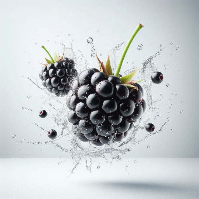 Two tasty blackberries splashed with water