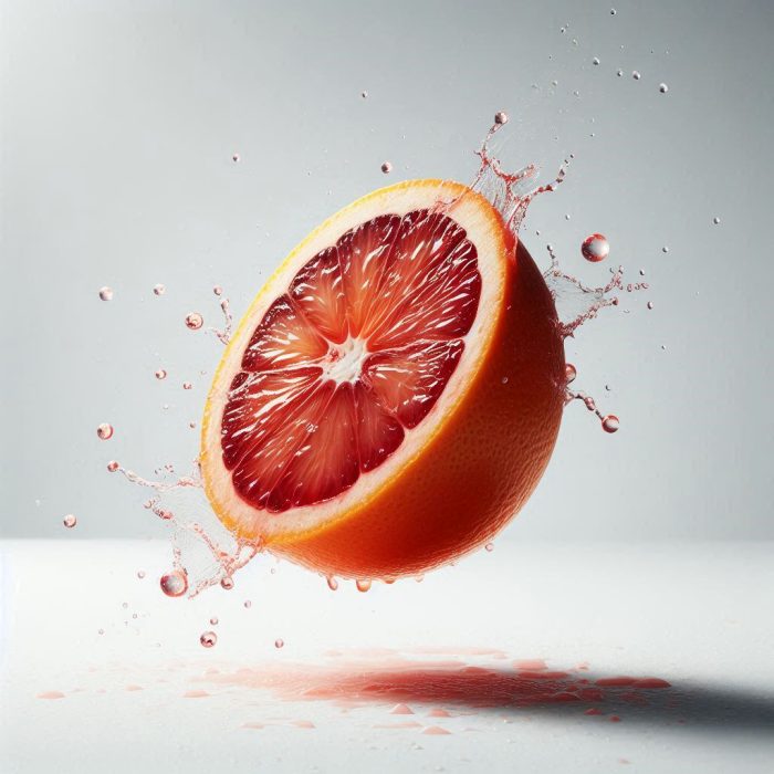 Tasty blood orange cut in half with juice splashing